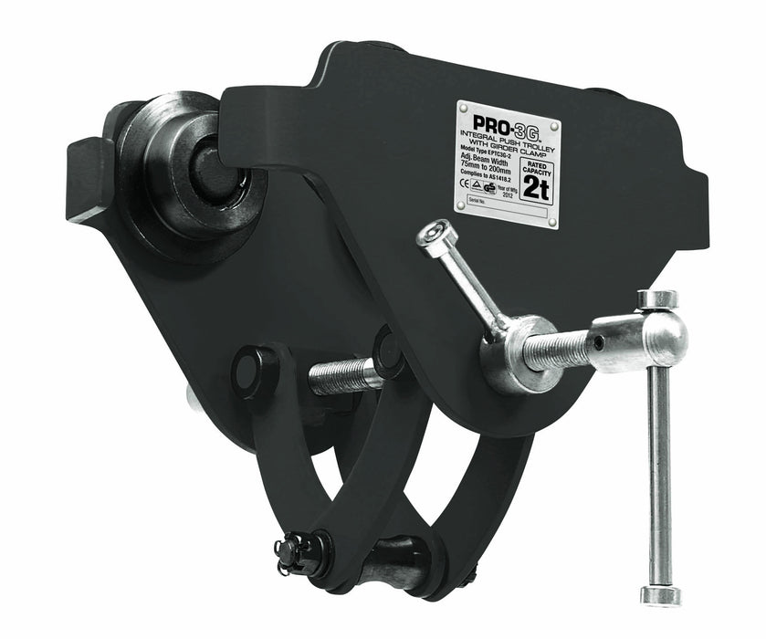 Black Integral Push Girder Trolley & Clamp 2T 75mm-200mm beam width.